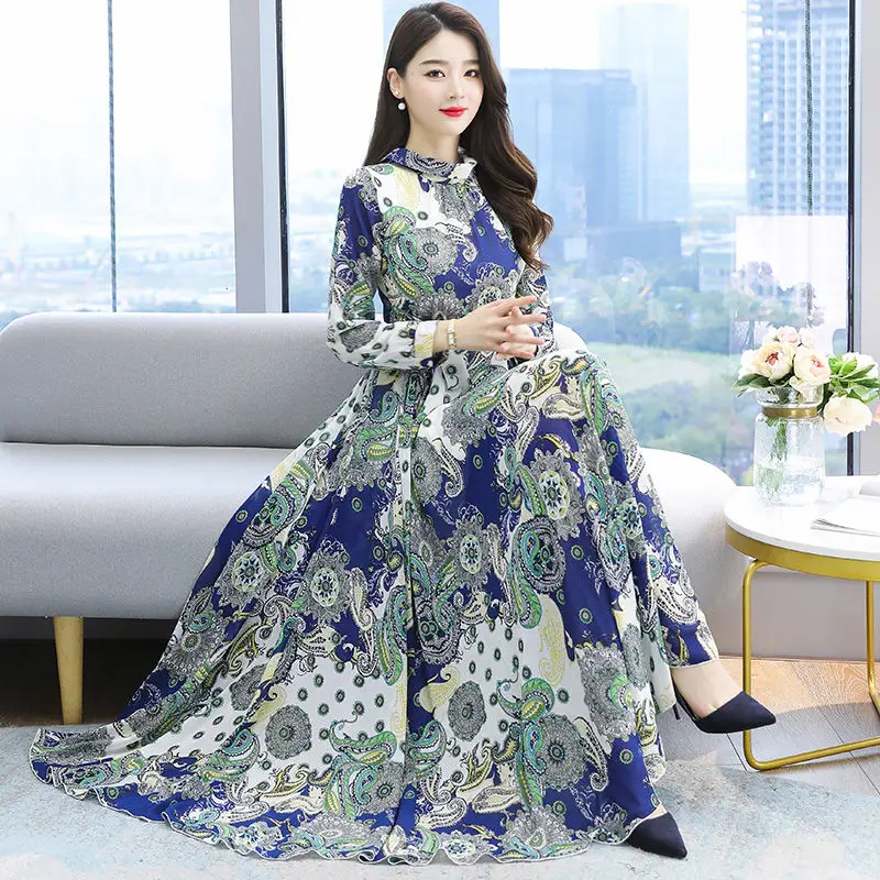 

Spring And Autumn Long Over The Knee Floral Maxi Dress Temperament Lace-Up Retro Printed Zipper Female Vestidos y1613
