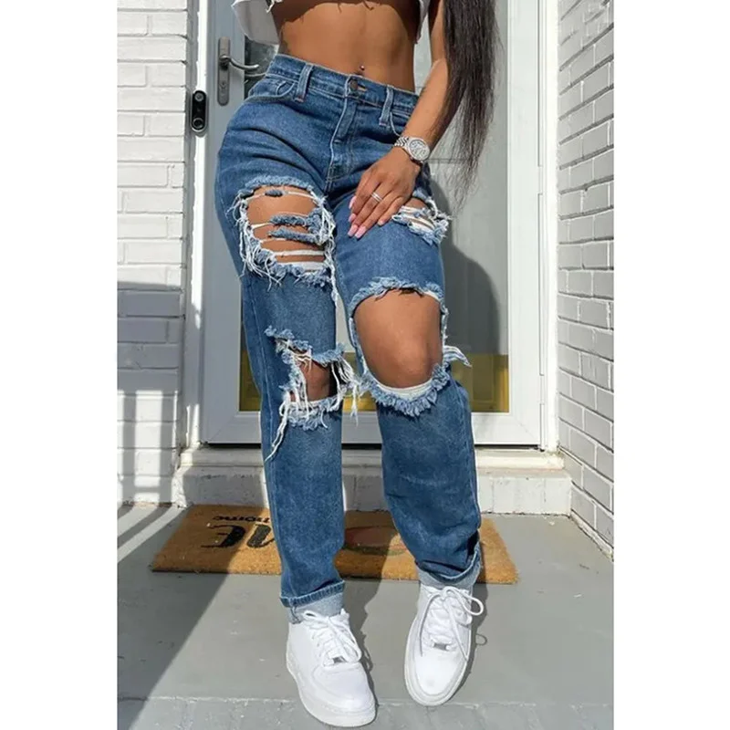 

Straight Jeans Women's Casual Solid Color Ripped Jeans Autumn Sexy Button Mid Waist Pocket Jeans