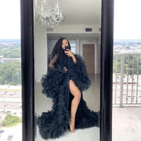 chic see thru tulle ruffles photo bathrobe black long kimono tiered ruched a line prom gowns puffy sleeves bridesmaid shawl cape