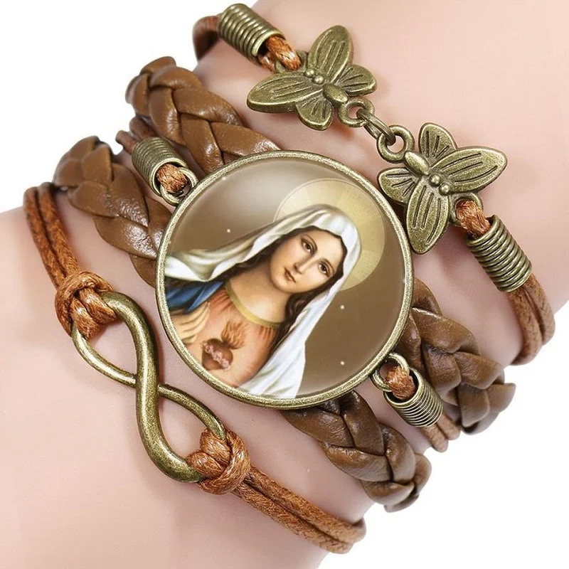 Комбинированный Кожаный браслет христианский католический крест Иисус Дева Mary с