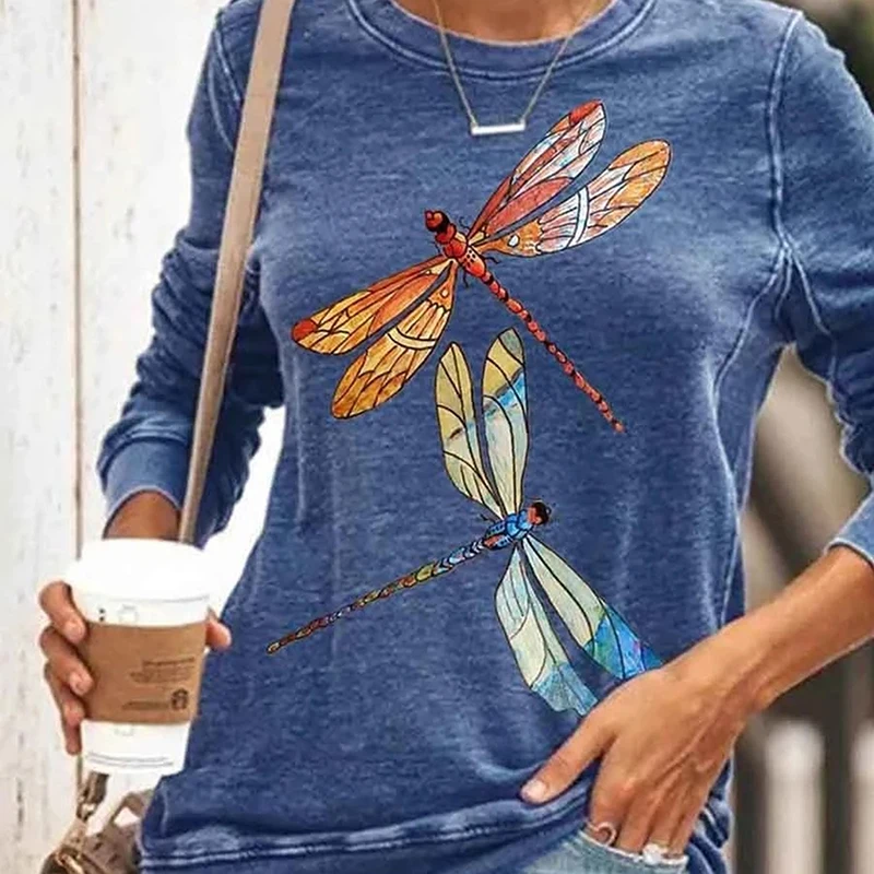 

New Autumn T Shirt Women Dragonfly Printed Long Sleeve Top Ladies Casual O Neck Pullovers Fashion Female T Shirt