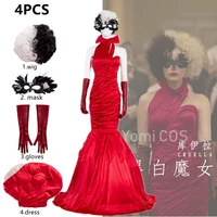 film 101 dalmatians cruella de vil cosplay costume wig gloves face cover dress 4pcs movie same clothes red long evening dress
