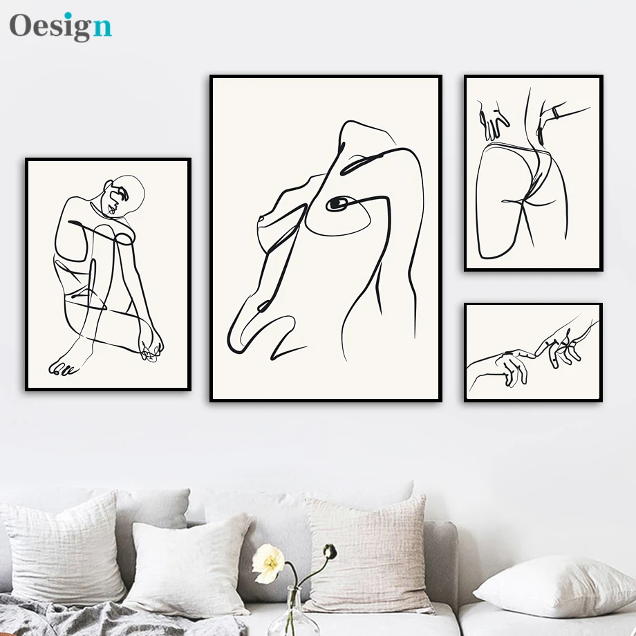 

Line Drawing Girl Body Hand Love Kiss Wall Art Canvas Painting Nordic Posters And Prints Wall Pictures For Living Room Decor