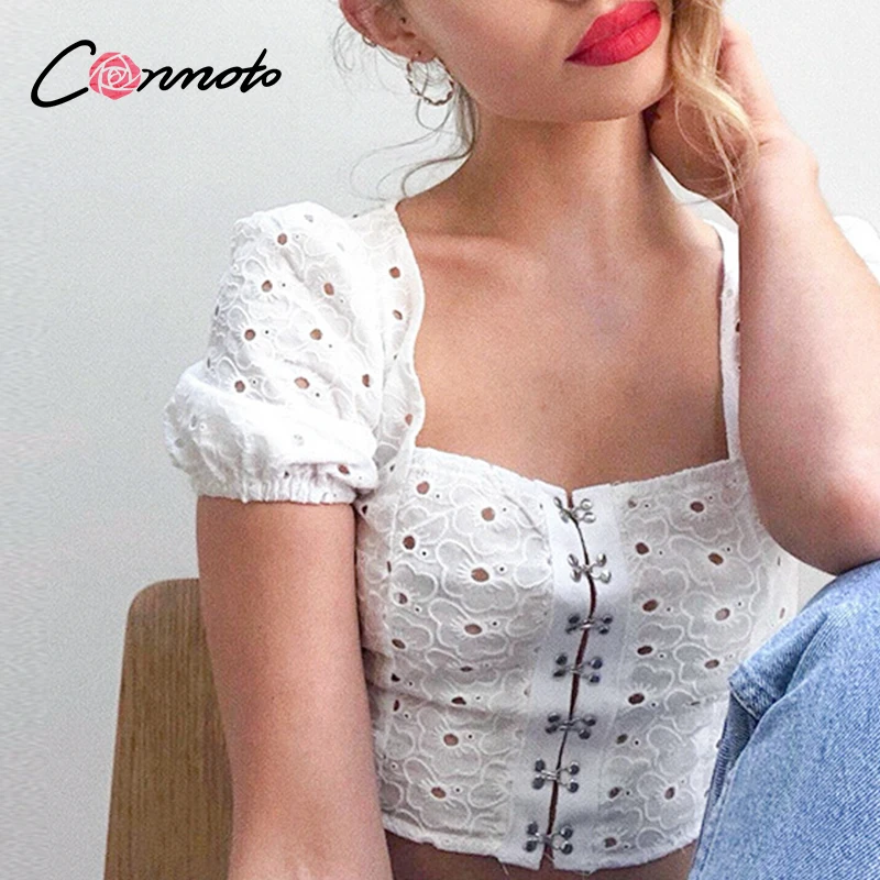 Женский короткий топ Conmoto белый пляжный с вышивкой летняя коллекция 2020|Рубашки| |