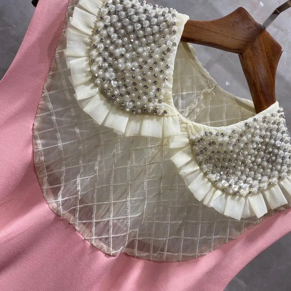

Luxury Brand Women Pink Mini 2020 Summer Zipper Back Sleeveless Diamond Pearl Collar Mesh Patchwork Slim Sexy Dress