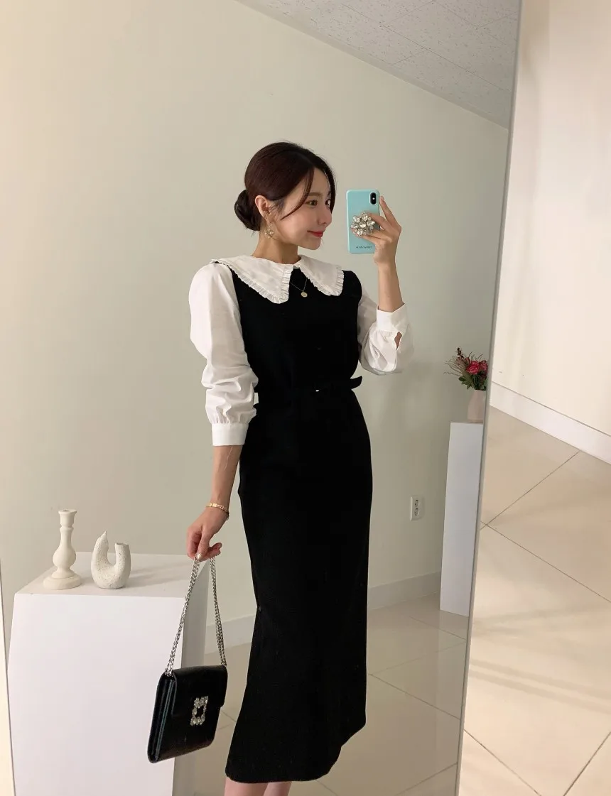 

Корейский шикарный Милый костюм с длинным рукавом и воротником с деревянными ушками + простая длинная юбка-жилет с разрезом