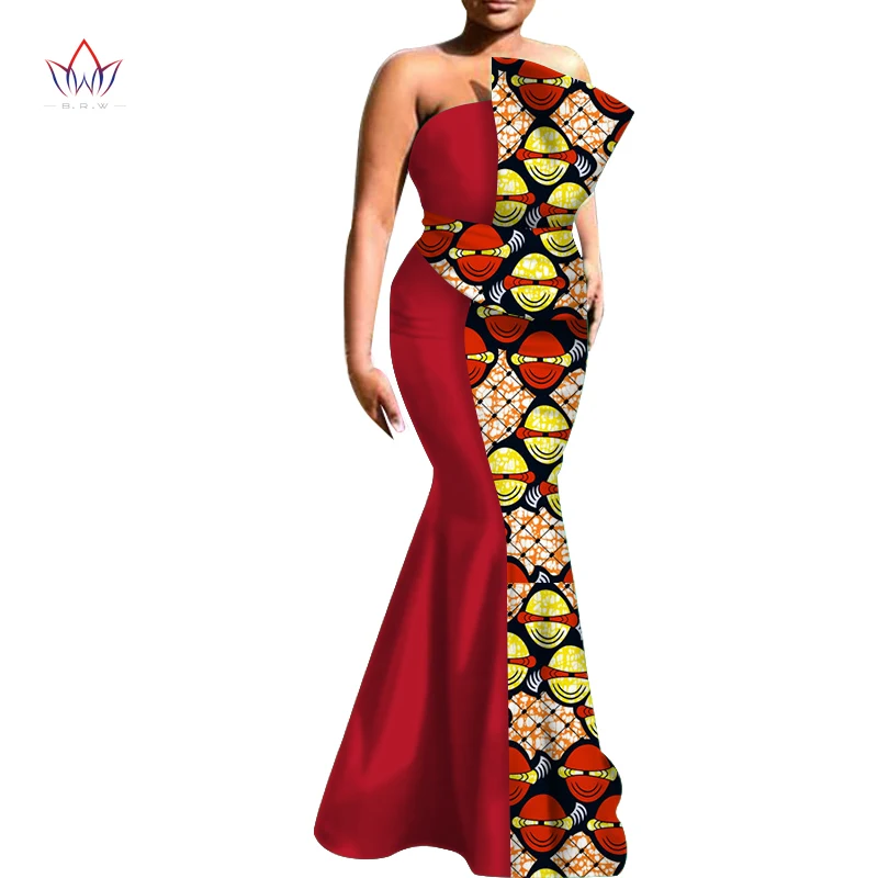 

African Women Wedding Party Dress Bazin Riche African Clothing Off Shoulder Print Long Dress Bridesmaid Dress Engagement WY6236