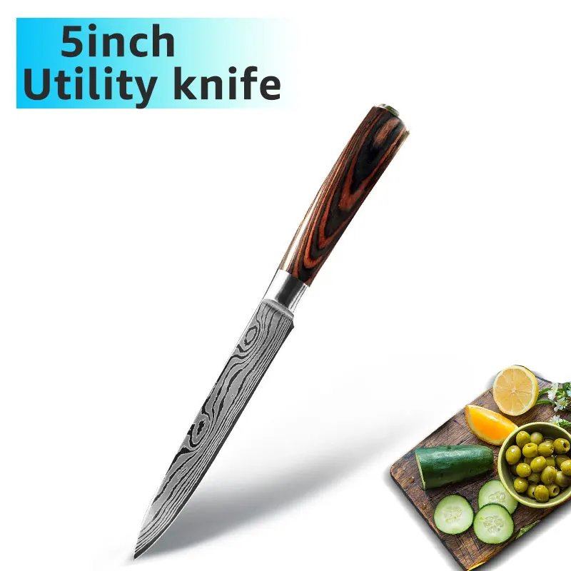 5 INCH UTILITY Ножи шеф-повара 9 набор кухонных ножей 7CR17 440C из высокоуглеродистой нержавеющей стали дамасский рисунок Gyuto Кливер набор слайсер нож сантоку - Цвет: 5 INCH UTILITY