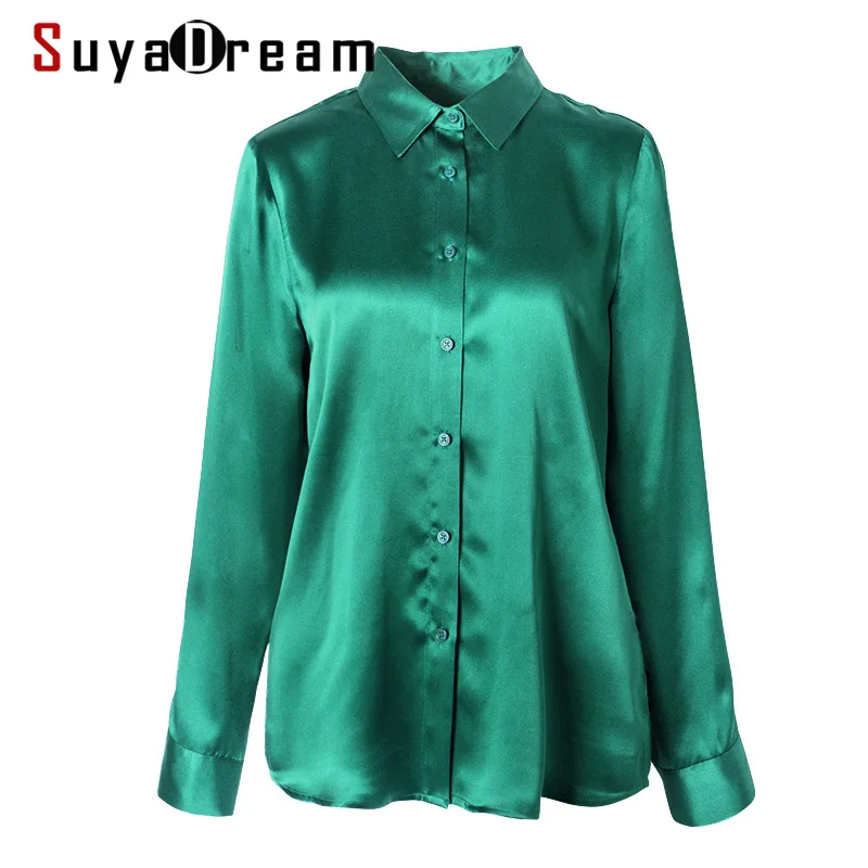 SuyaDream женская простая шелковая блузка 100% шелк атлас длинный рукав отложной