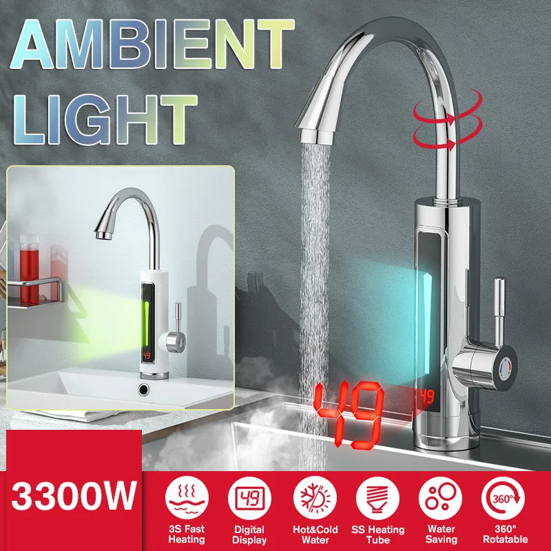 3300W Electric Instant Water Heater Faucet Tap Temperature Display 360 Degree Rotatable Instant Heating Tap for Bathroom Kitchen