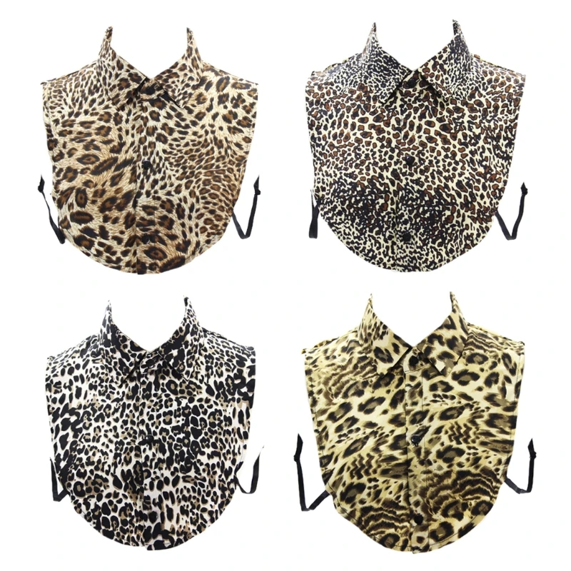 

Women Leopard Animal Print Half Shirt Blouse Detachable Lapel False Fake Collar Button Down Decorative Dickey Clothing