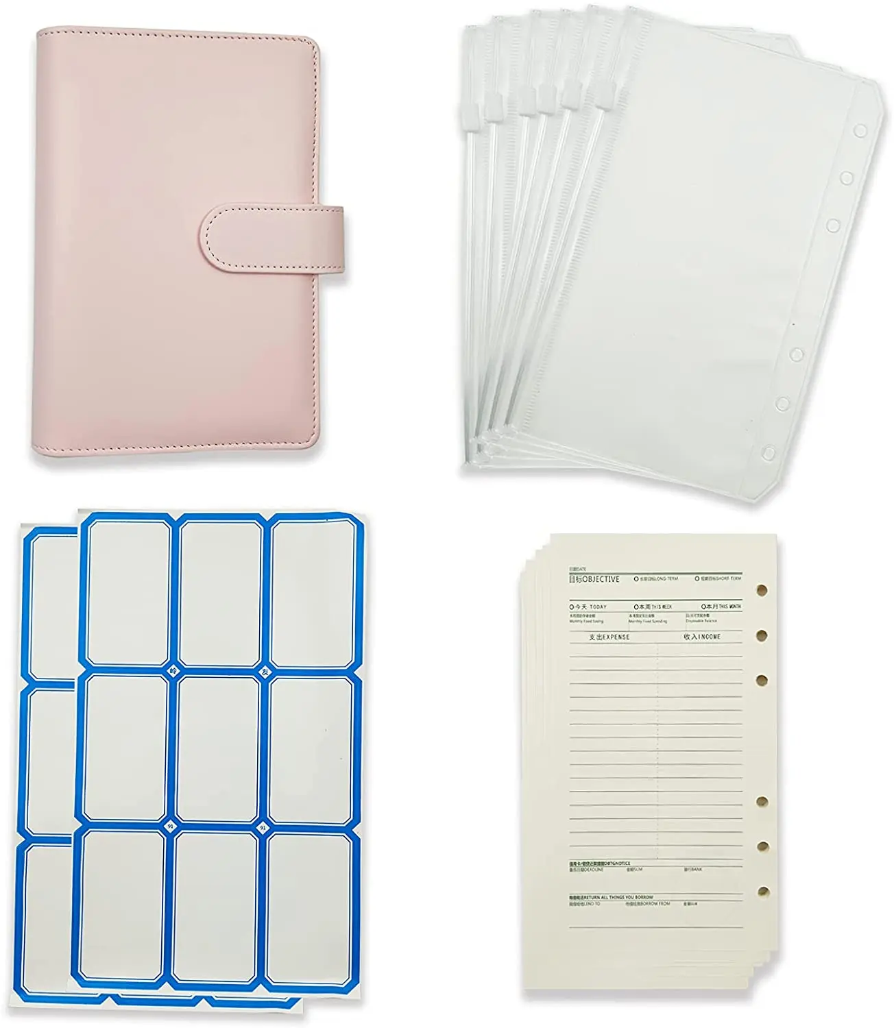 

A6 PU leather binder cover, with transparent PVC A6 binder pocket, budget table, sticker label, A6 notebook