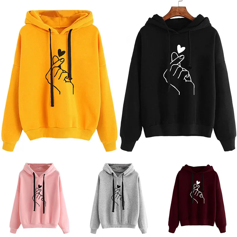 

Kpop Finger Heart Plus Size Long Sleeve Pullovers Casual Women Hoodies Female Hooded 1PC Drawstring Sweatshirts Love Pattern
