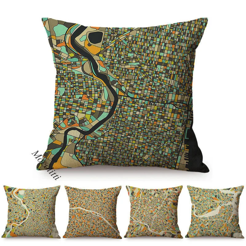 Карта всемирно известных городов дизайнерский декоративный чехол для диванной