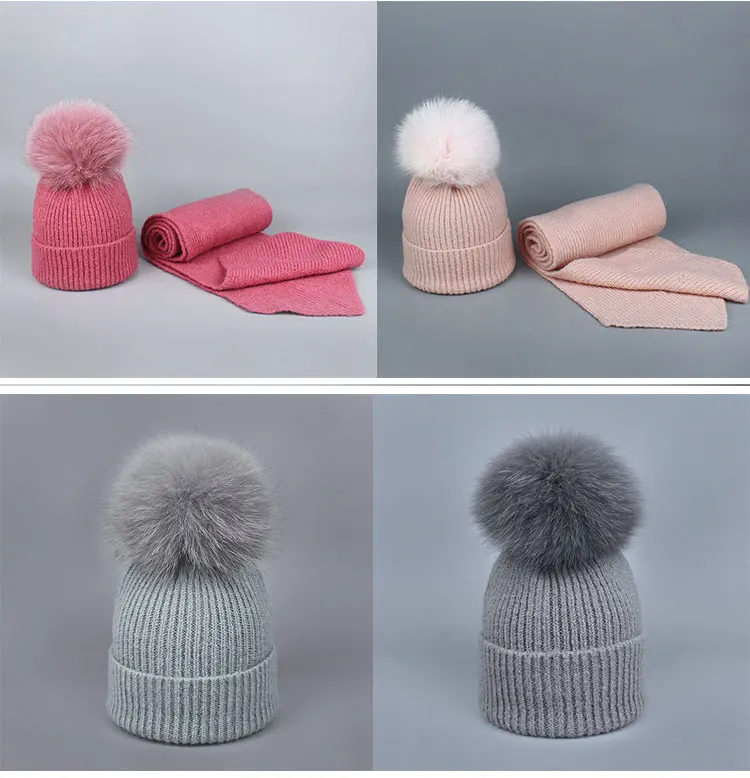Parent-child Wool Knitted Scarf Hat Set With Real Fox Fur Pompons Women Girls Winter Warm Thick Crochet Hat Scarf 2 Pieces Sets