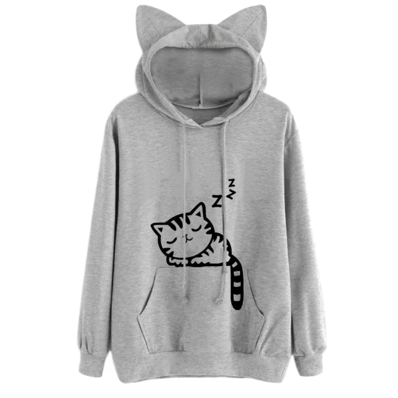 Women's Cat Ear Hooded Sweatshirts Tops Womens Cat Printed Long Sleeve Pullovers Cute Hoodies