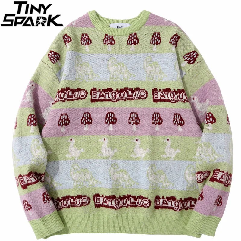 

2021 мужской вязаный свитер в стиле хип-хоп, уличная одежда Harajuku, пуловер в полоску с принтом грибов, хлопковый Повседневный осенний свитер, пу...