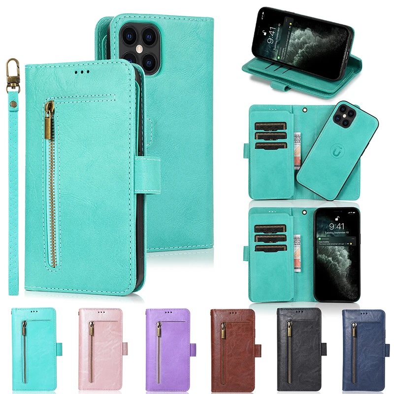

Роскошный кожаный флип-чехол на молнии для iPhone 12 Mini 11 Pro Max SE 2020 10X6 6s 7 8 Plus XR XS Max Магнитные чехлы-бумажники для телефонов