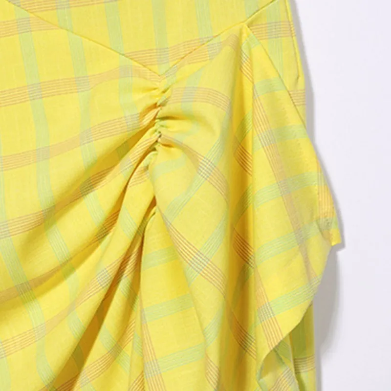 

TWOTWINSTYLE Asymmetrical Plaid Skirt For Women High Waist Ruched Irregular Front Slit Skirts Female Fashion Clothing 2020 Tide