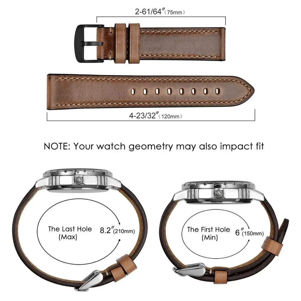 BISONSTRAP Watch Strap 18mm 19mm 20mm 21mm 22mm 23mm 24mm with Black Buckle, Horween Leather Watchband Men Women Luxury Wristban