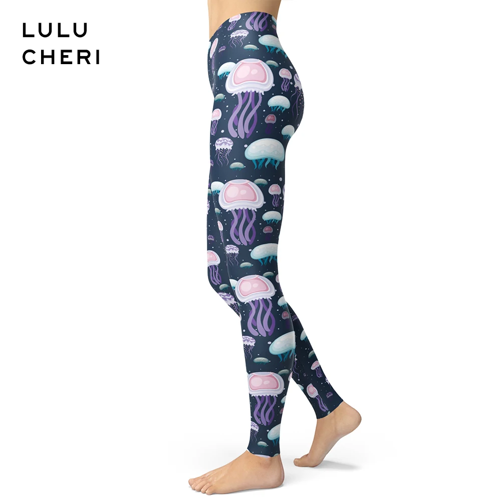 Женские леггинсы с принтом медузы фиолетовые мягкие эффектом пуш ап для фитнеса