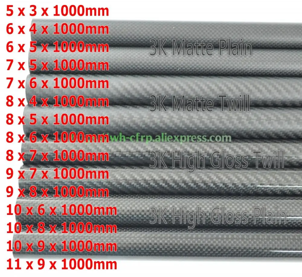 Tubos de fibra de carbono 3k, 5mm, 6mm, 7mm, 8mm, 9mm, 10mm, 11mm X 1000mm, con 100%, carbono completo, japonés, 3k, mejora el modelo de material DIY