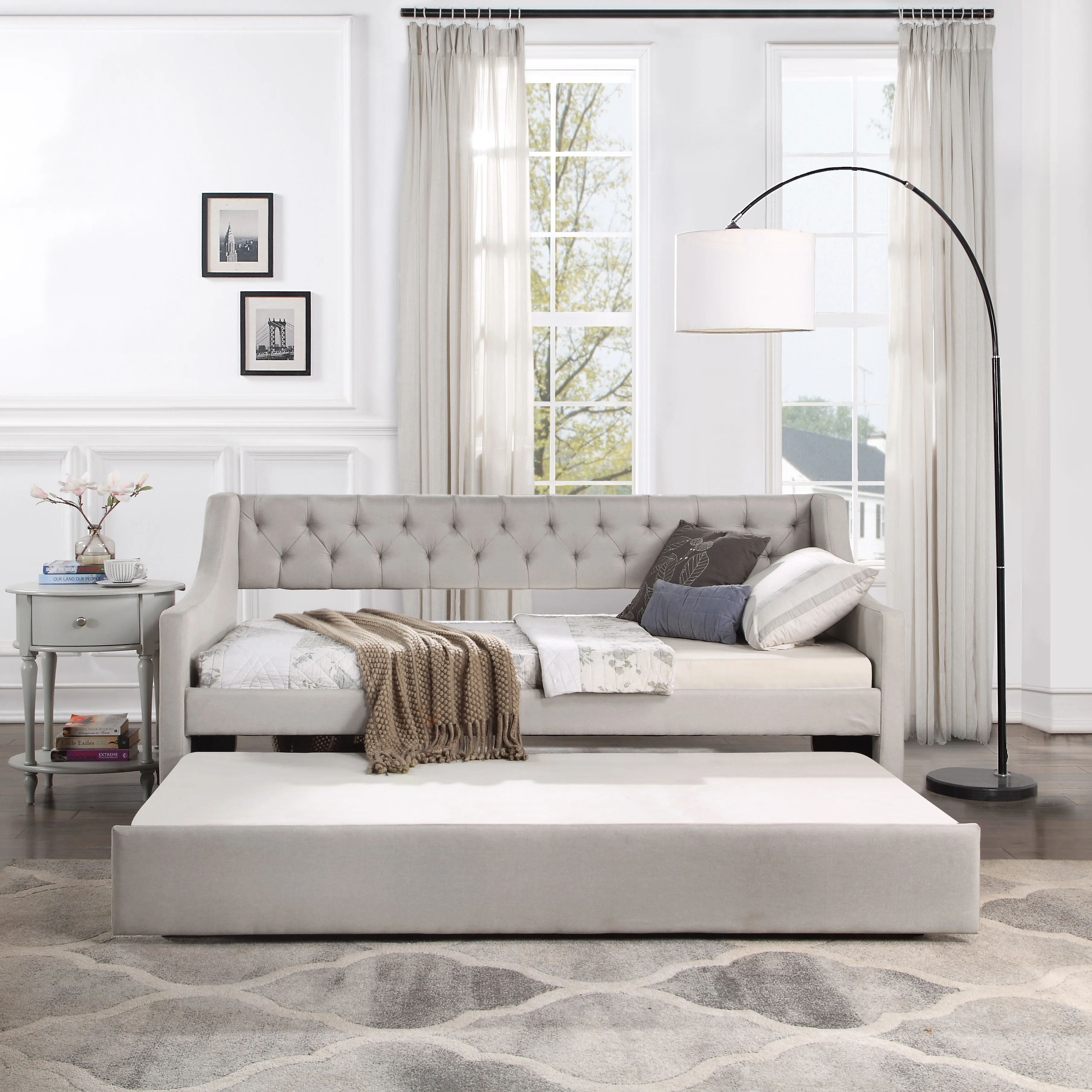 

Daybed with Trundle Upholstered Tufted Sofa Bed, Twin Size, Light Gray