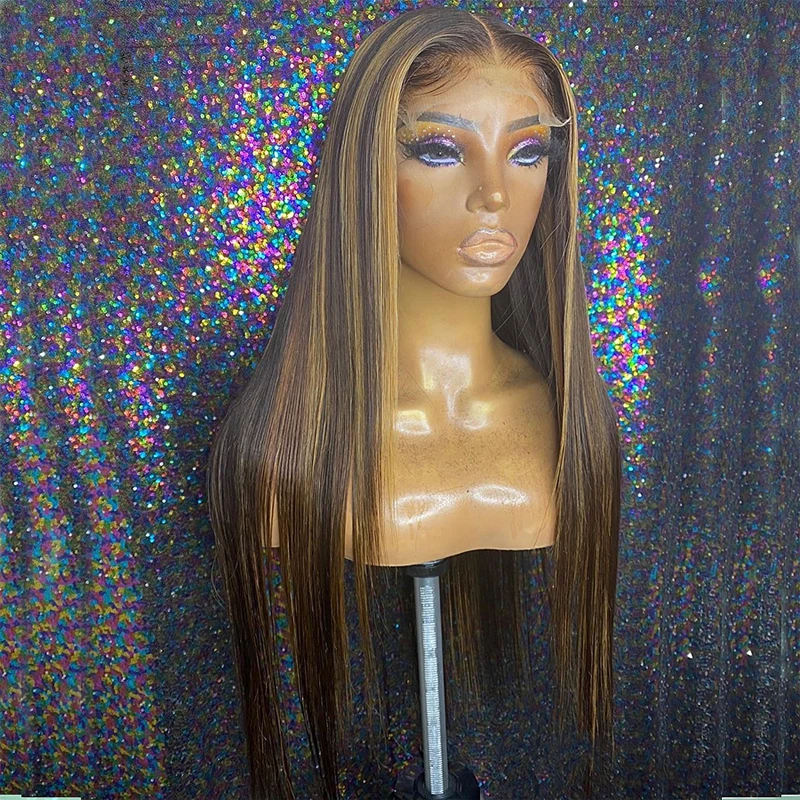 

Remy Highlight Straight Wig Transparent T Part Lace Front Wig Human Hair For Women With Baby Hair Bleached Knots 150% Density