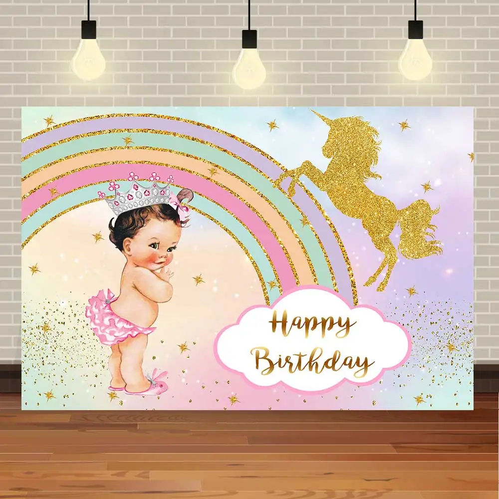 

SeekPro Happy Birthday Unicorn Party Rainbow Balloons Flower Golden Dots Baby Child Banner Photo Background Photography Backdrop