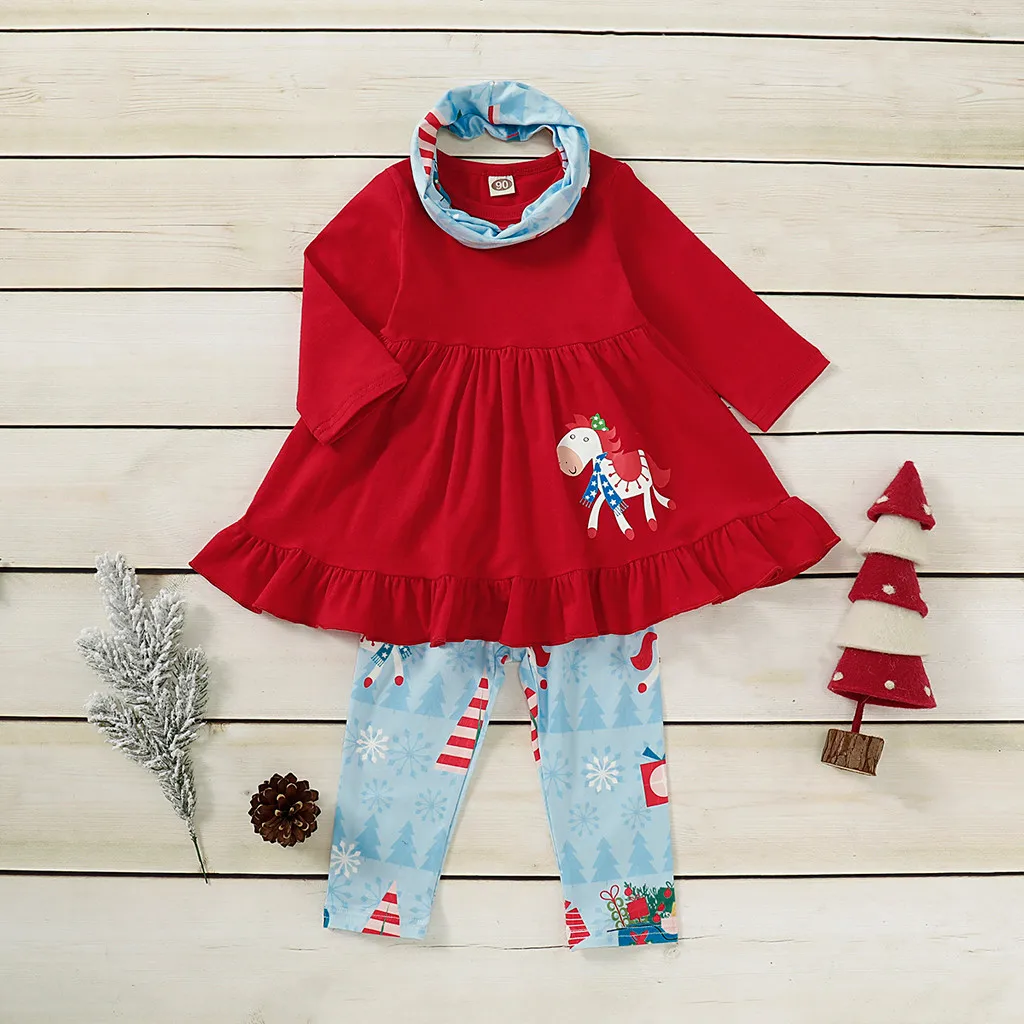 Платье с героями мультфильмов для маленьких девочек топы и штаны Рождественский