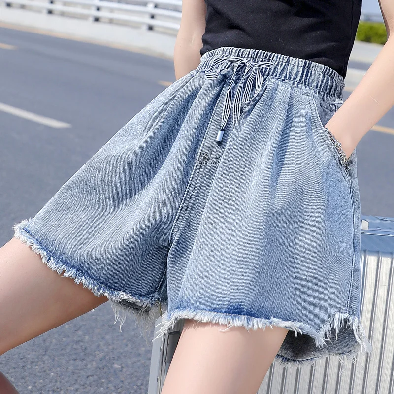 

Джинсовые шорты женские, с высокой талией, винтажные, большого размера, с эластичной талией, летние, свободные, голубые