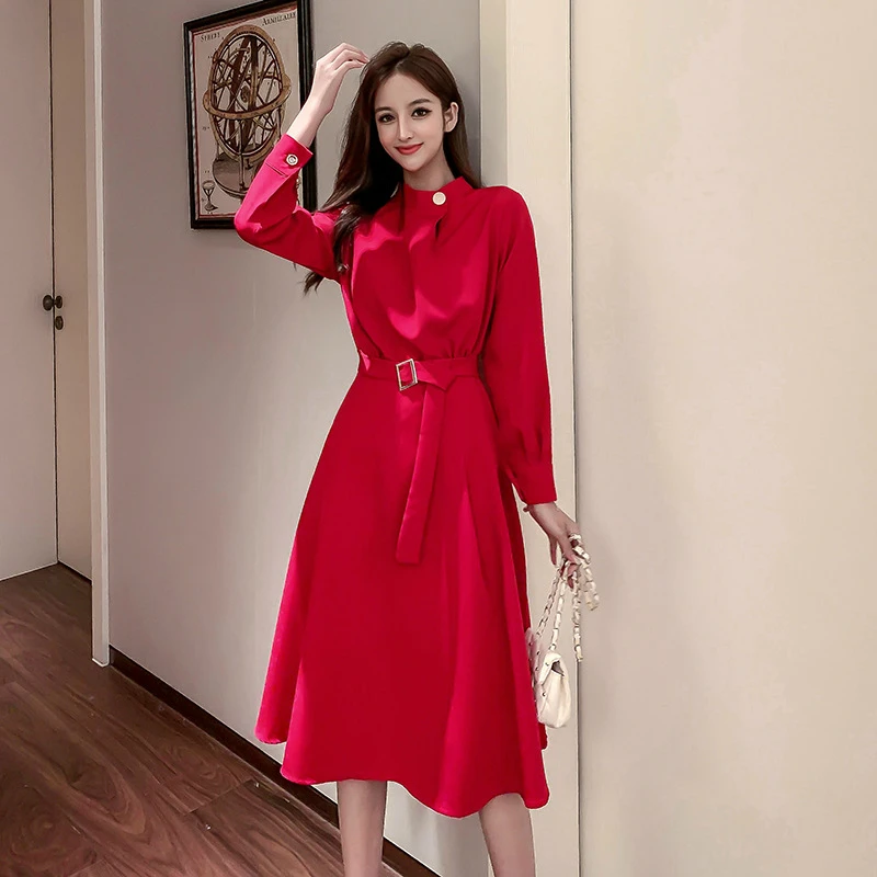 

Big Swing Solid Vintage Dress Women Long Sleeve Stand Corset Office Work Long Dress Women Winter Autumn Runway Dress Plus Size