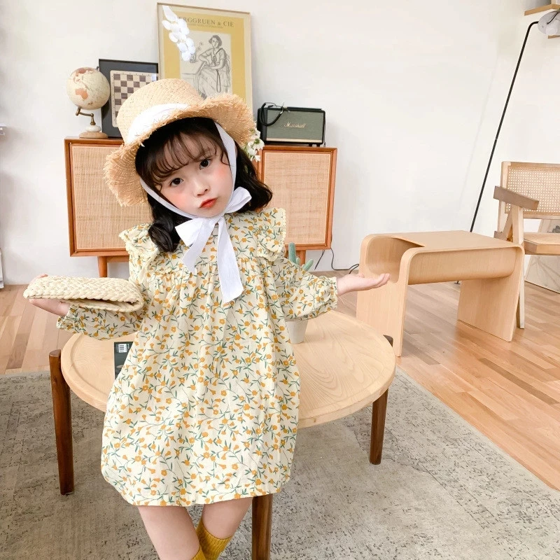 

2021 Spring New Arrival Girls Long Sleeve Cotton Dress Kids Baby Girls Dress Princess Dress Girls Casual Floral Collar Dresses