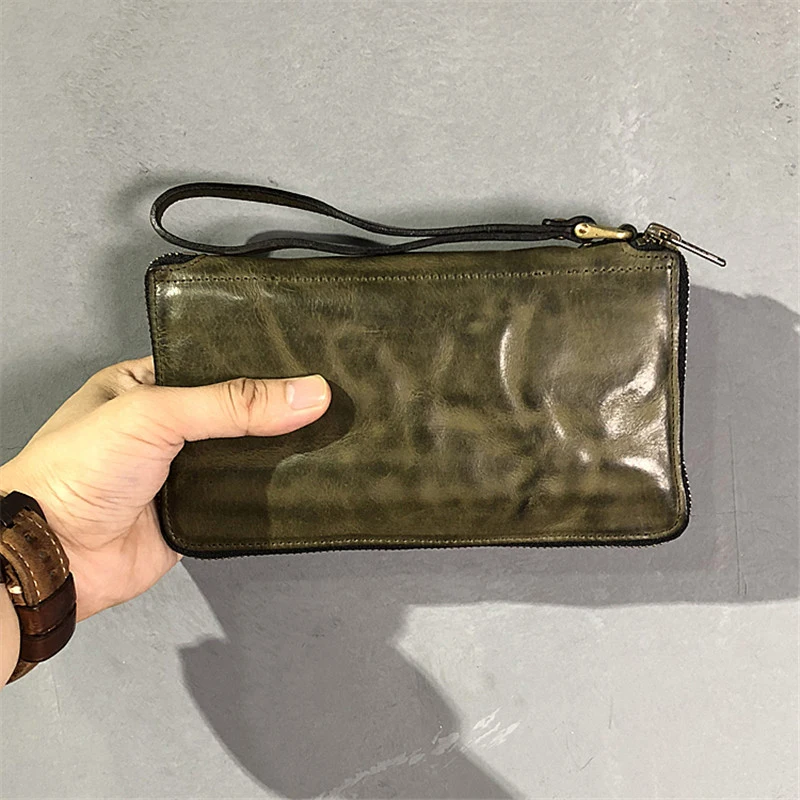 retro luxury natural genuine leather men's women's clutch wallet fashion real cowhide multi-card holder green phone purse