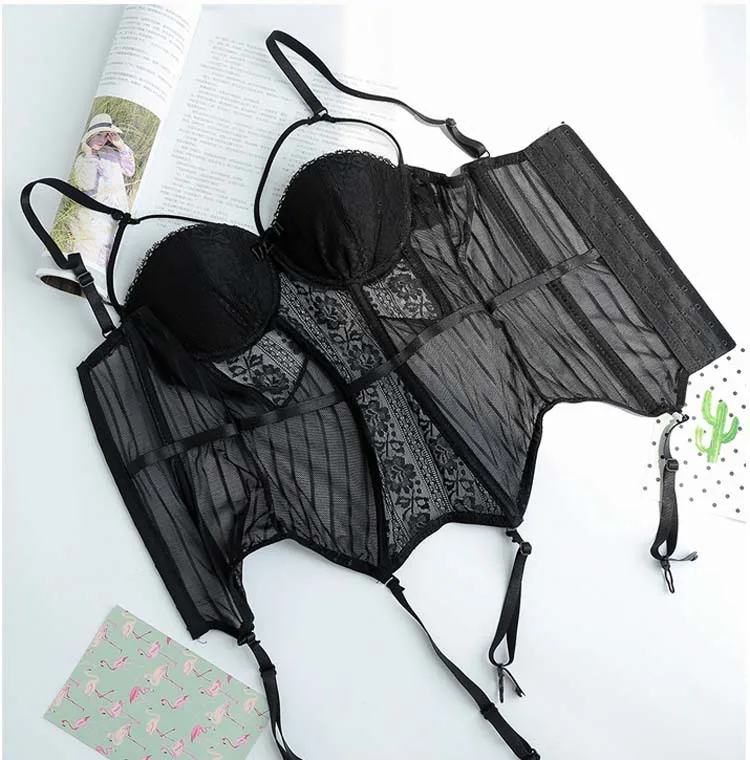 High Elasticity Corset+Thong Lace Bustier With Cup Fish Boned Slim Girdle Set Straps Belt Women Lingerie Black corset