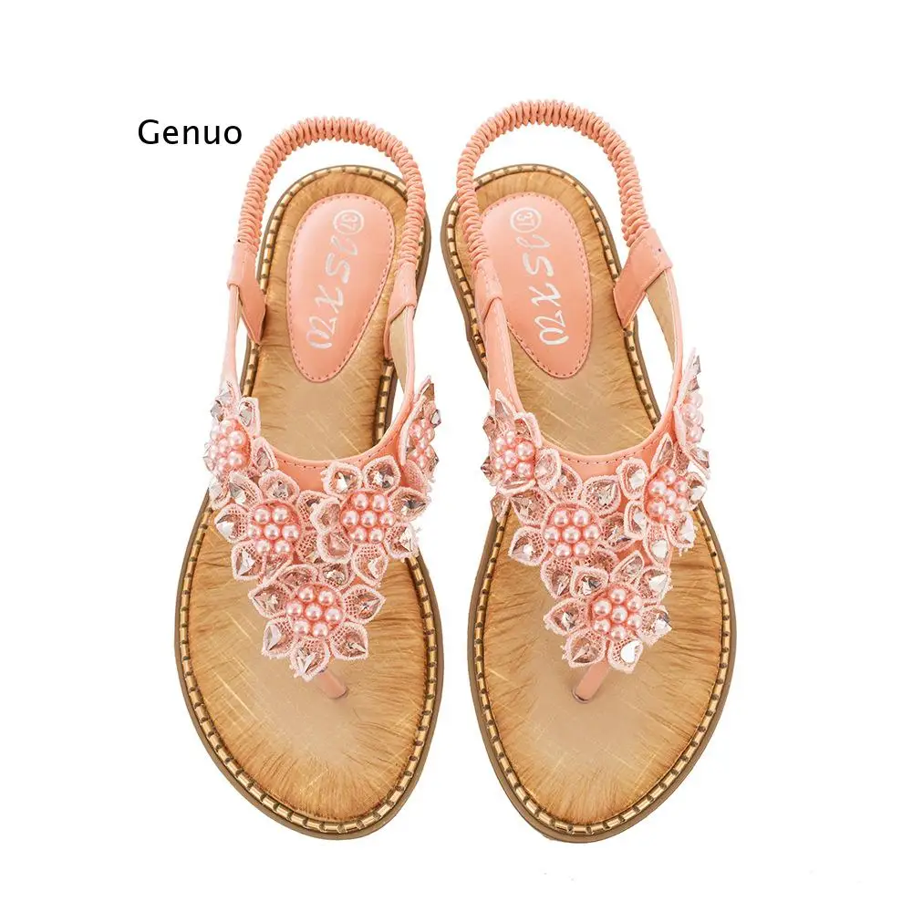 

2021 Top Selling Women Sandals Pearl Flower Flip Flops Bohemian Style Flat Shoes Woman Slippers Crystal Girls Gift