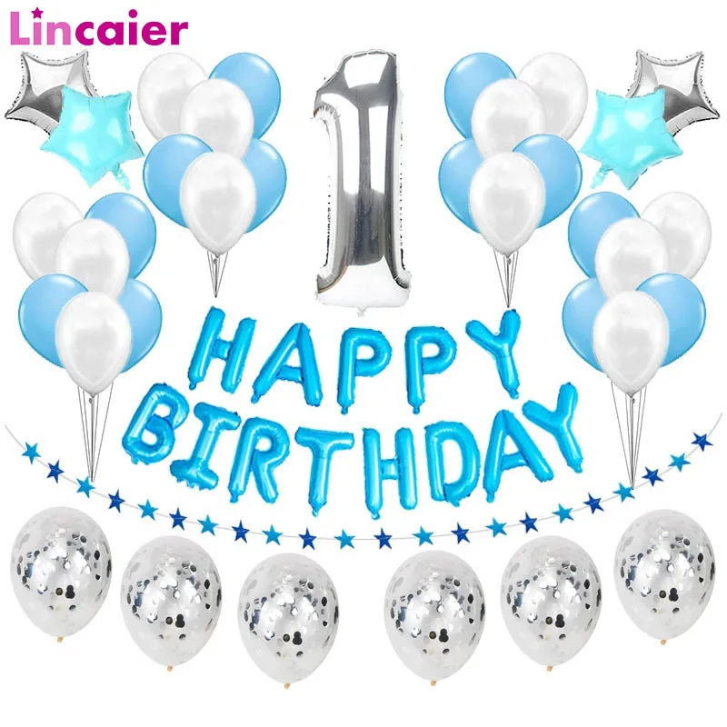 First Birthday Boy Party Blue Silver Confetti Balloons Banner 1st Happy Decorations Baby My 1One Year Decor | Дом и сад