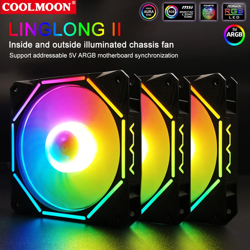 

Coolmoon LINGLONG II Computer Case Fan 12cm RGB Fan Polygon Inside and Outside Light-emitting Computer Mainframe Cooling Fan