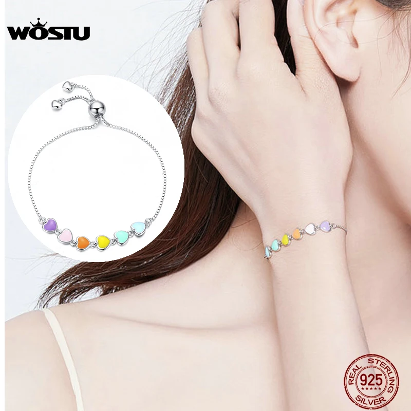 

WOSTU 925 Sterling Silver Rainbow Heart Original Bracelet Chain Link For Women Friendship Ramansitc Wedding Jewelry CQB158