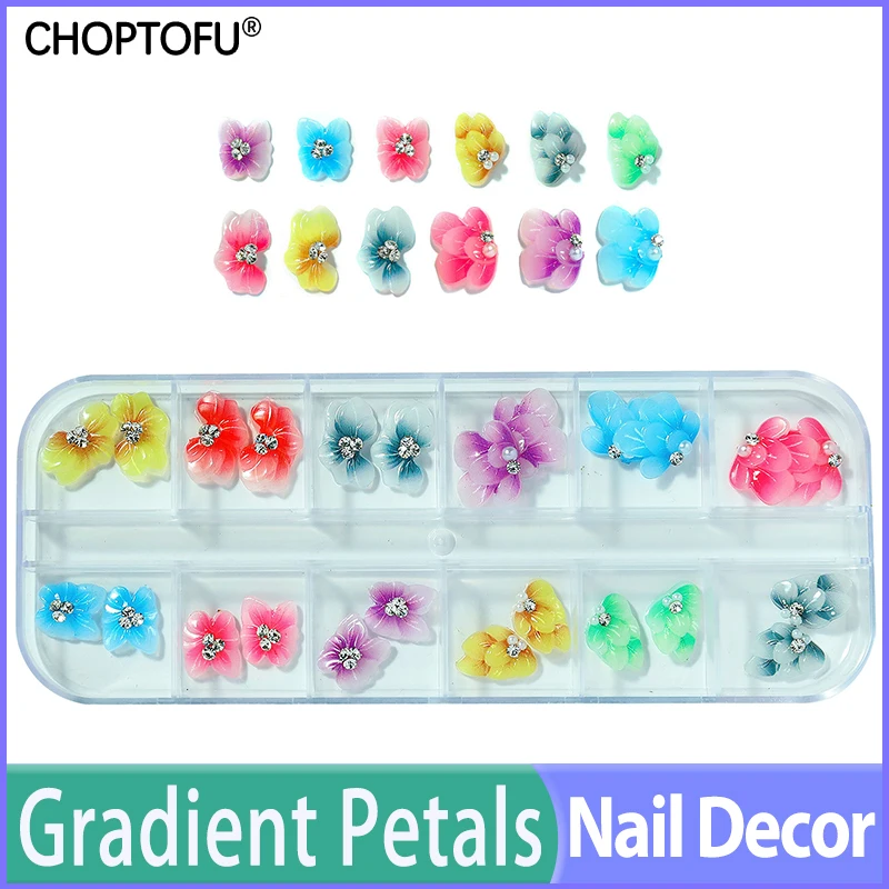 

24/48/144PC/Box 3D Gradient Embossed Flower False Nails Butterfly Petals Nail Rhinestone Diamond Embellished Nail Art Decoration