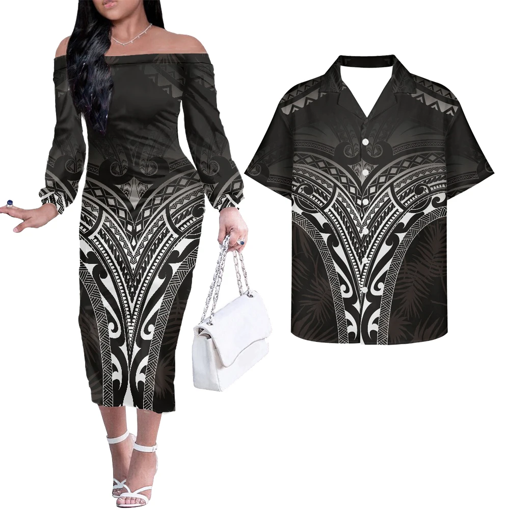 Cumagical Long Sleeve Dresses For Women Sexy Polynesian Tribal Hawaii Stripe Printing For Office Lady Autumn Wearing