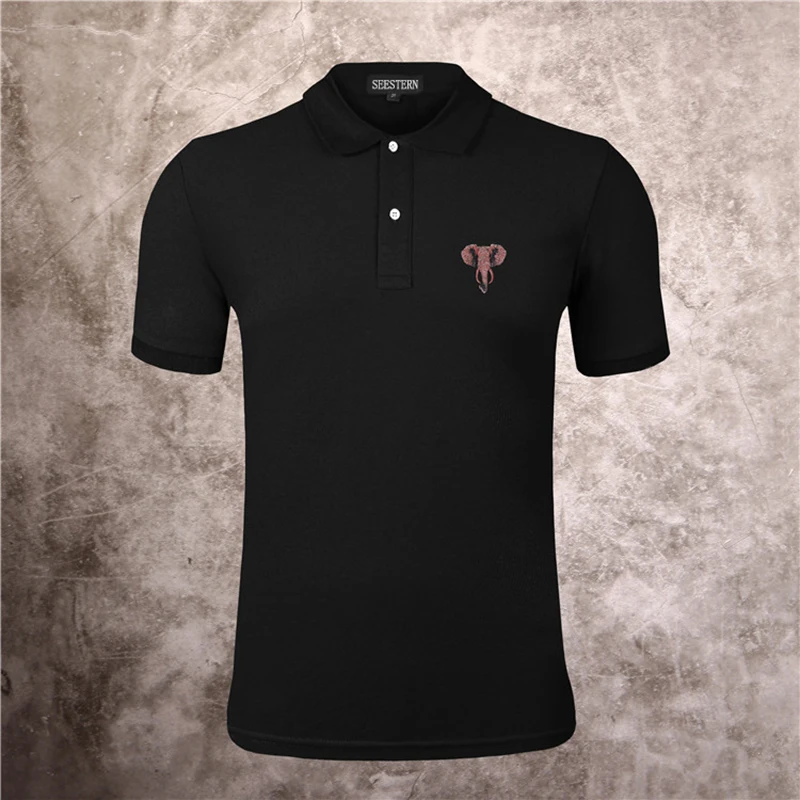 

Seestern brand new men's polo shirt embroidered elephant head fashion Short Sleeve Polos casual Lapel beading hip hop tops tee