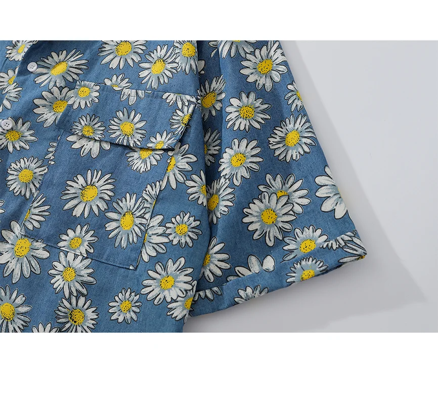 Vintage Summer Shirts for Men Daisy Flower Print Hawaiian Shirts 90s Streetwear Harajuku Korean Button Up Cotton Shirt Men Retro