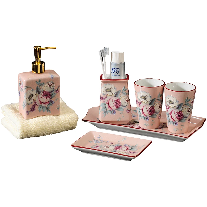 

Chinese Style Home Decor Wedding Gift Bath Ceramic Bathroom Accessories Set Soap Dish Toothbrush Holder Soap Dispenser Soap Dish