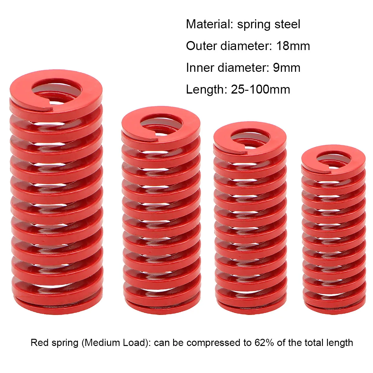 

Red Medium Load Press Compression Spring Loading Die Mold Spring Outer Diameter 18mm x Inner Diameter 9mm x Length 25-100mm