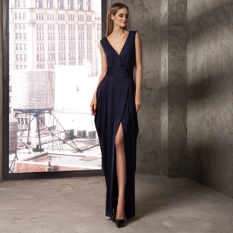

Modest A-line Evening Dress 2021 Deep V-Neck High Quality Long Sleeve Slit Party Dresses Special Occasions Gowns