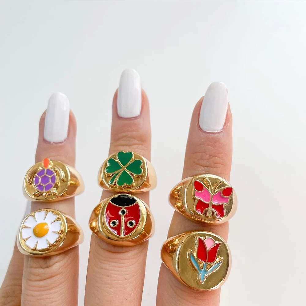 Aesthetic Colorful Evil Eyes Love Heart Rings for Women Sweet Sunflower Drip Oil Enamel Metal Gold Finger Couple Jewelry | Украшения и
