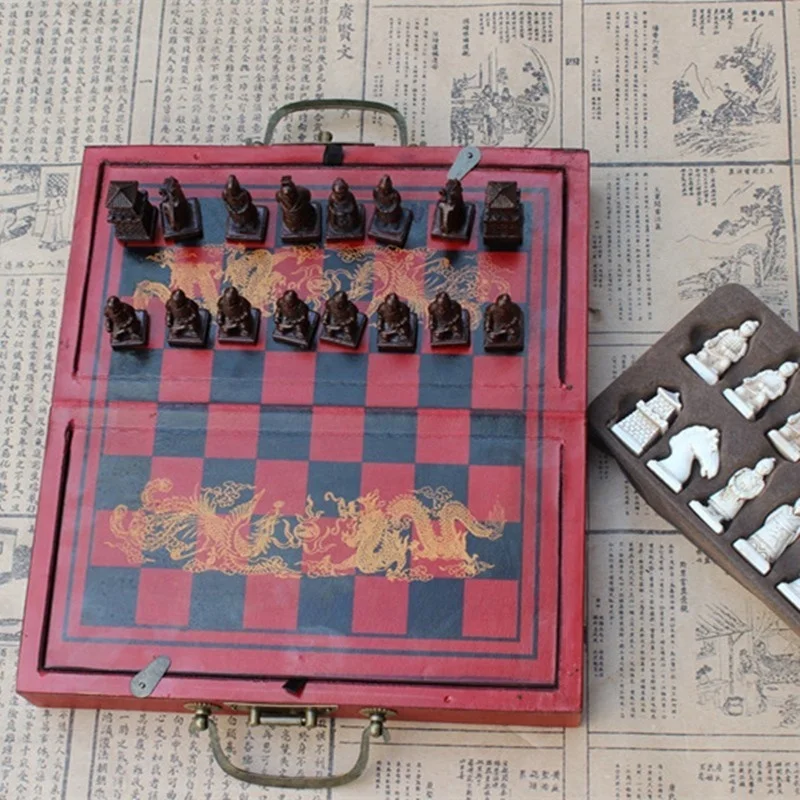

Antique Chess Terracotta Warriors Three-dimensional Chess Pieces Wooden Folding Chessboard Small Christmas Entertainment