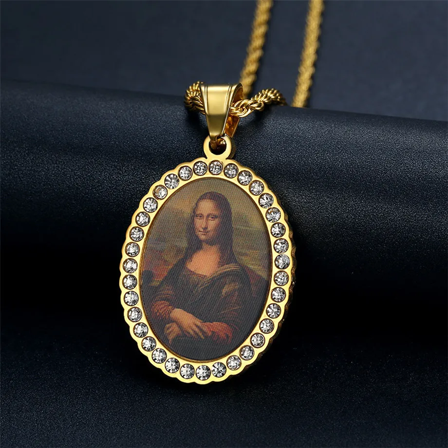 

Hip HopMona Lisa Pendant Necklace Gold Color Stainless Steel Iced Out CZ Religious Jewelry Dropshipping