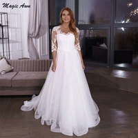 magic awn plus size wedding dresses lace appliques illusion half sleeves white princess mariage gowns sweep train vestido boda